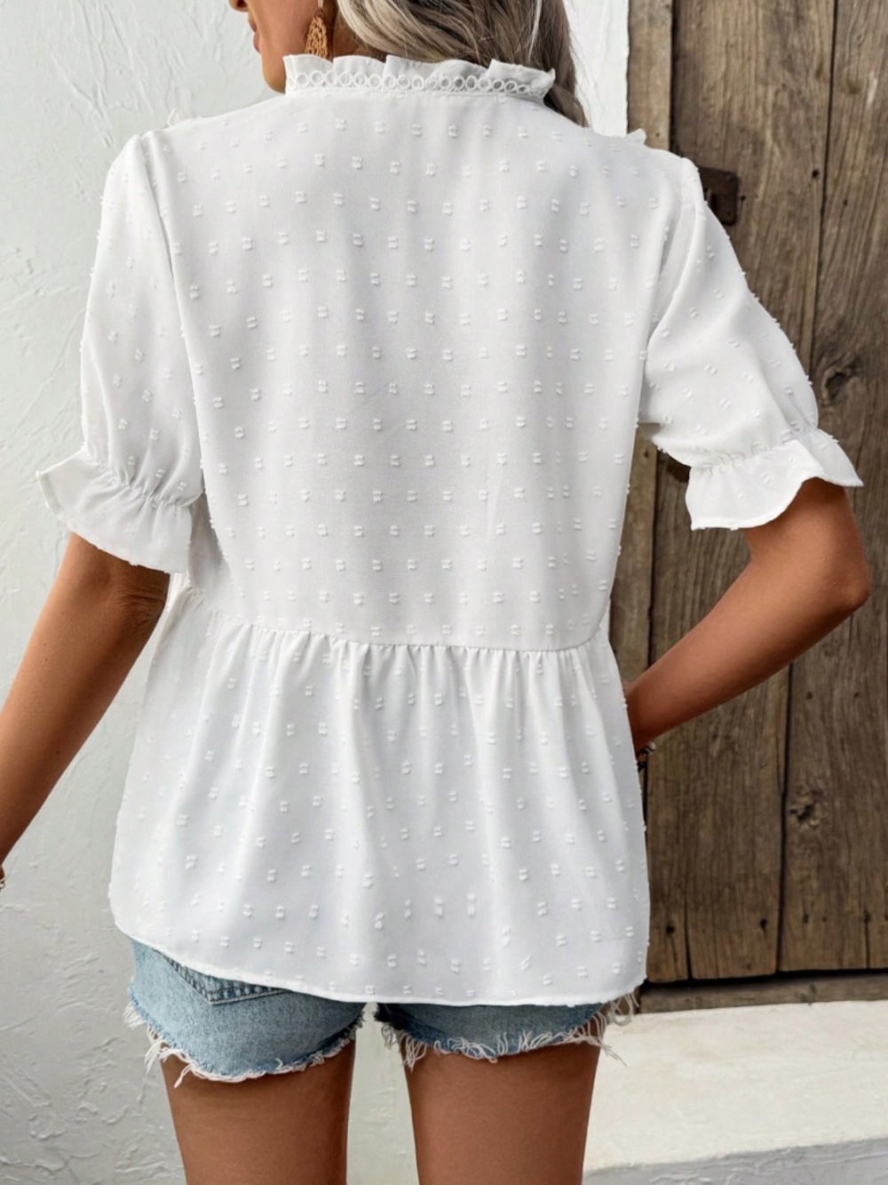 White Babydoll Swiss Dot V-Neck Short Puff Sleeve Top Shirt Frill Ruffle Trim - Picture 2 of 8